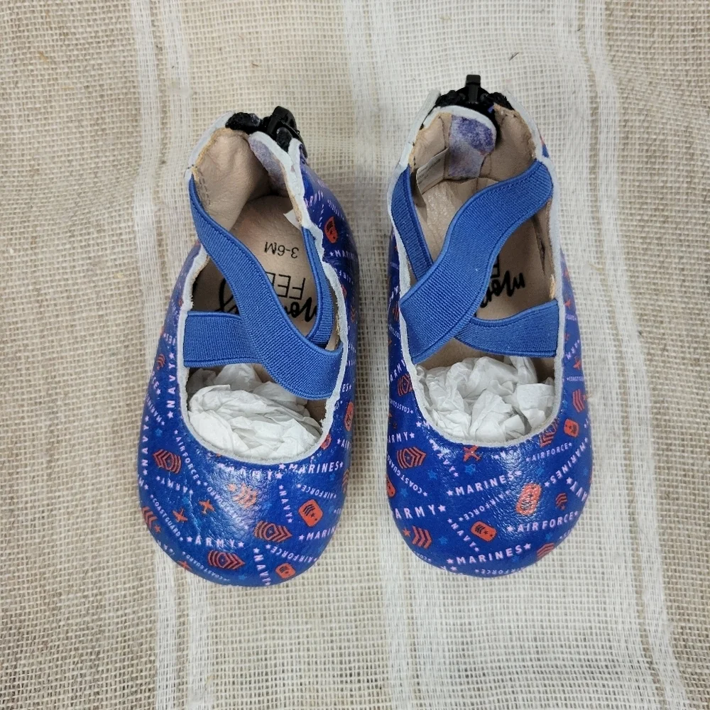 NEW Monkey‎ Feet Ballerina Leather Moccasins Military Blue Size 3-6 Months